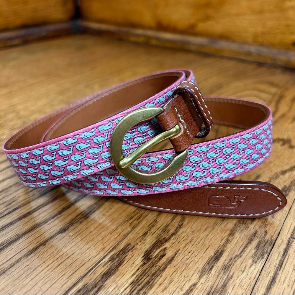 *SOLD*VINEYARD VINES Pink Mini Blue Whale Brown Leather Brass Buckle Belt Size L